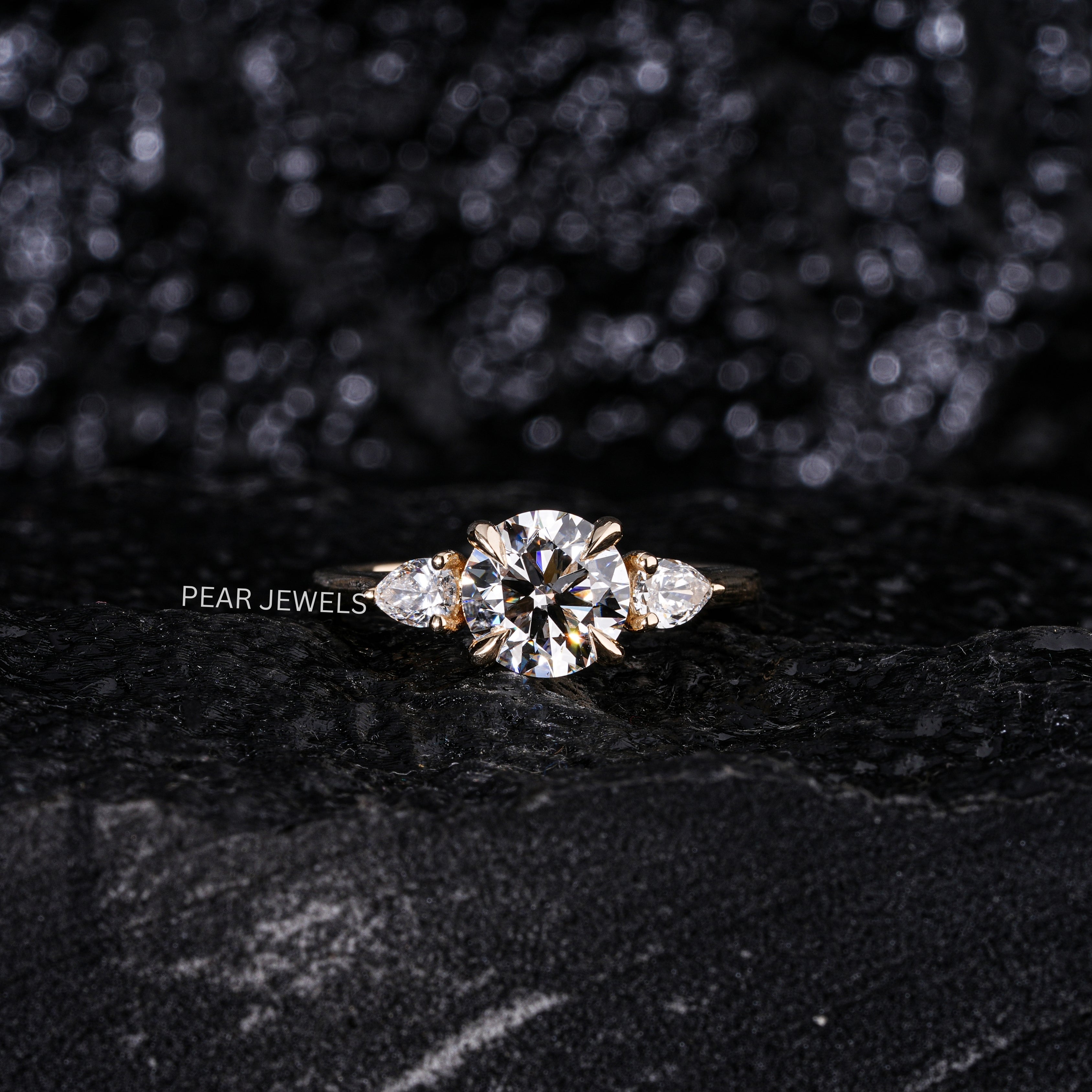 1.5Ct Round & Pear Three Stone Labgrown Diamond Engagement Ring - Pear Jewels
